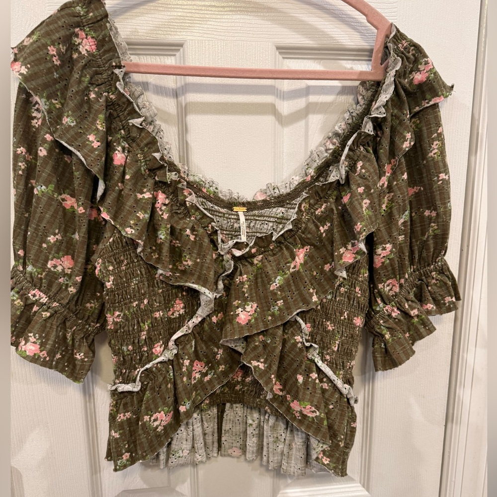 Free People Floral Smocked Ruffle Top (Green) Sz Sm